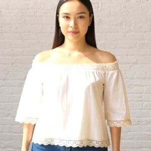 Aerie White cotton lace trim Off-Shoulder 3/4 sleeve Blouse Size L